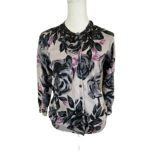 WDNY Sweaters - Black NWT Purple Pink Floral Cardigan Sweater with Black “Jewel” Accents Sz MP
